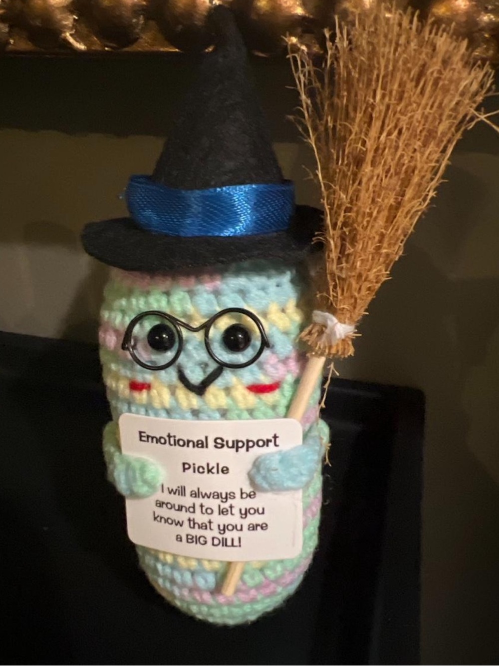 Handmade Pastel Green Emotional Support Pickle Plush with Witch Hat and Broom